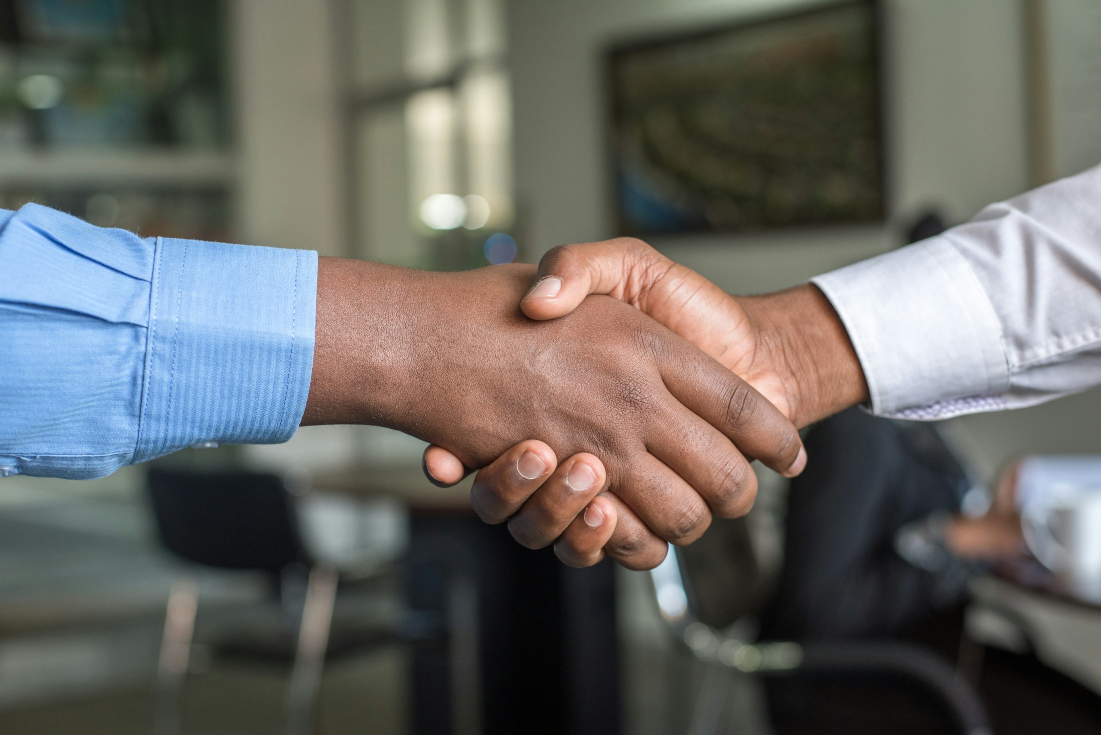 Two people shaking hands in a professional, friendly setting